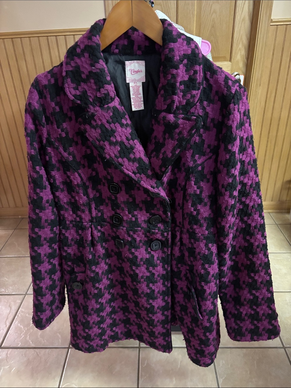 Purple and Black Houndstooth Double-Breasted Pea Coat